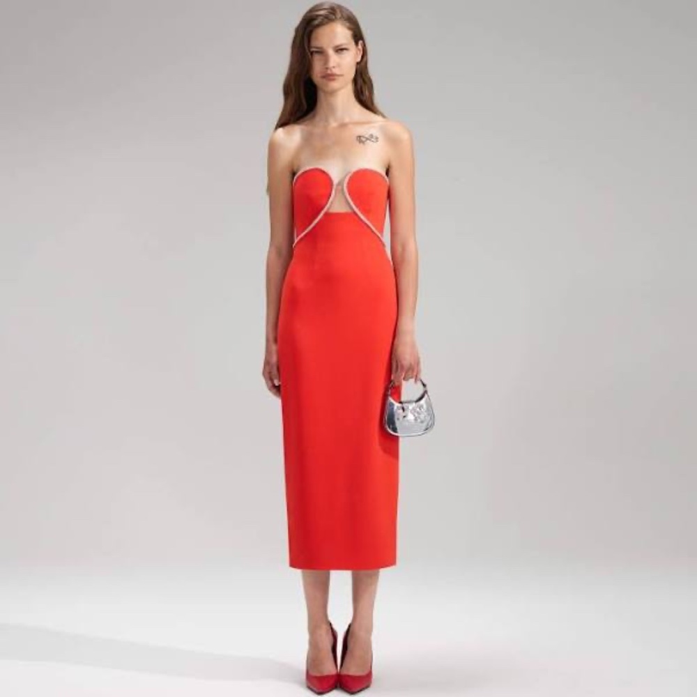 Red Bandeau Crepe Midi Dress